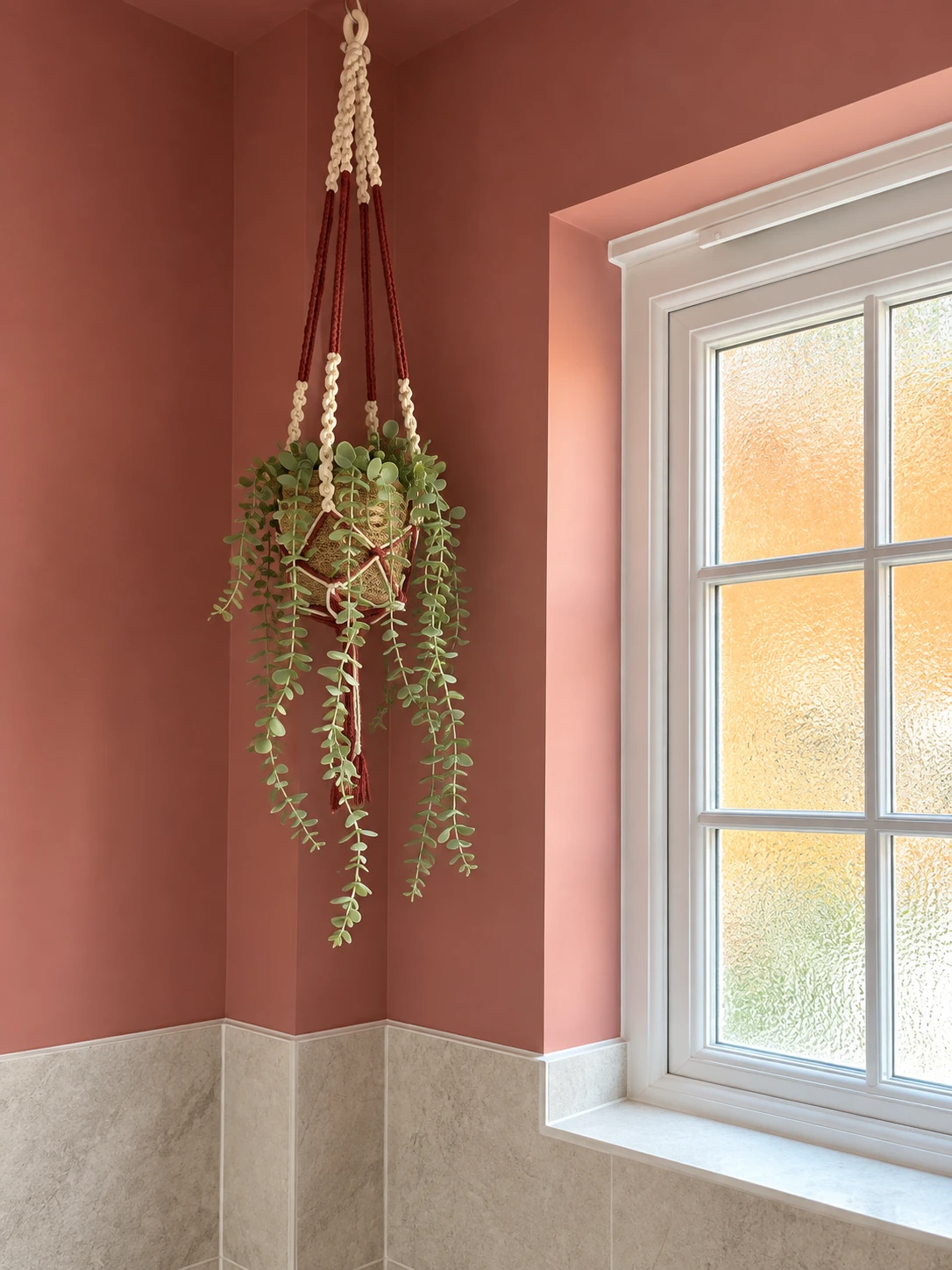 Macramé hanging planter beside a window