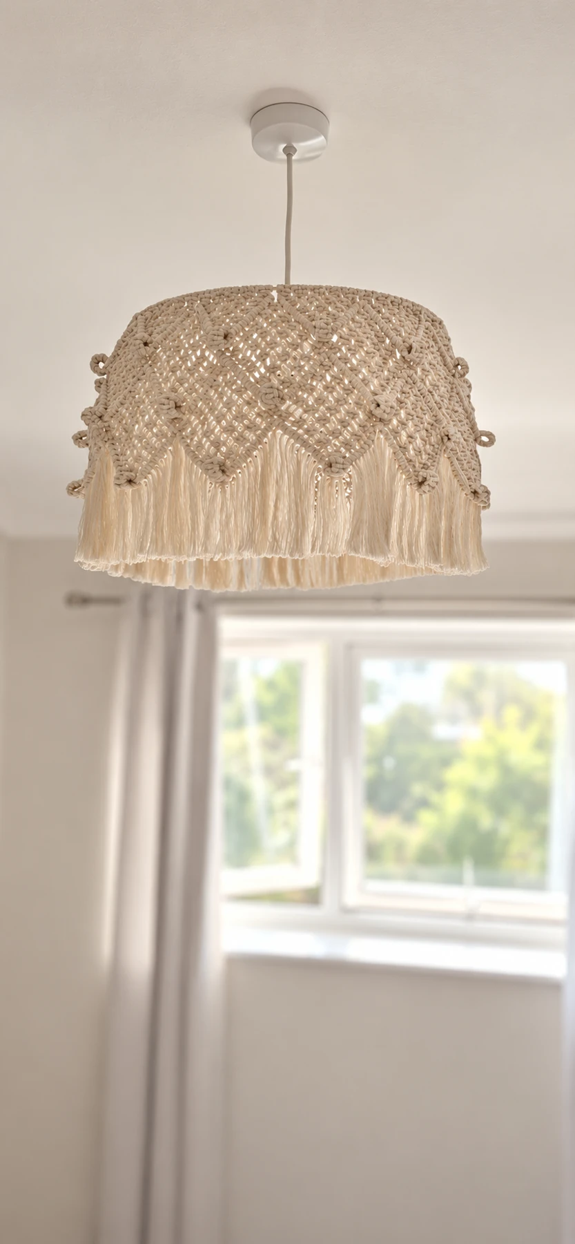 Cream fringed macramé lampshade